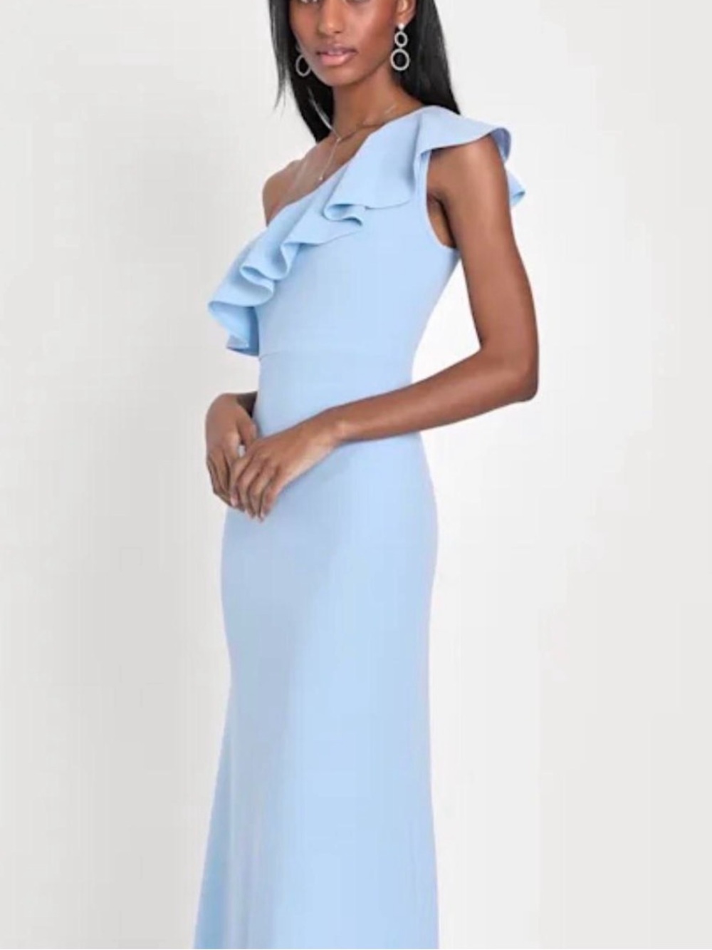 Lulu's Light Blue One-Shoulder Ruffle Gown